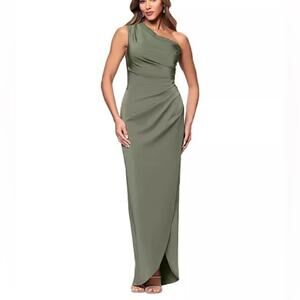 XSCAPE Women's Asymmetric One-Shoulder Satin Gown Moss Sz 10